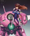  &gt;:) bangs bodysuit brown_eyes brown_hair crossed_arms d.va_(overwatch) facial_mark hair_blowing headphones hybridmink long_hair looking_at_viewer mecha meka_(overwatch) overwatch robot_ears smile solo standing standing_on_object v-shaped_eyebrows whisker_markings 