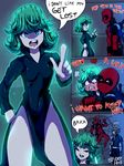  angry black_dress blush crossover curly_hair deadpool dress english genos green_eyes green_hair happy heart hug legs marvel one-punch_man spideyhog spoken_heart tatsumaki wall 