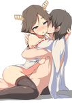  1girl admiral_(kantai_collection) black_legwear blue_eyes blush breasts brown_hair collar commentary_request detached_sleeves girl_on_top happy_sex hetero hiei_(kantai_collection) hug kantai_collection ky. medium_breasts nipples nude sex short_hair straddling sweat thighhighs upright_straddle 