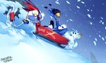  anadapta androgynous artist_name boots cape child english frisk_(undertale) holding_hands motion_blur multiple_boys papyrus_(undertale) pine_tree purple_hair sans skeleton sled sledding snow snowman tree undertale 