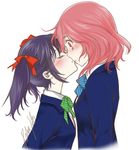  arms_at_sides artist_name bangs black_hair blazer blush bow bowtie closed_eyes eyelashes facing_another from_side hair_ribbon height_difference jacket kiss looking_at_another love_live! love_live!_school_idol_project multiple_girls nishikino_maki otonokizaka_school_uniform pale_skin pink_hair ratana_satis red_eyes red_hair ribbon school_uniform signature simple_background striped striped_bow striped_neckwear twintails upper_body white_background wide-eyed yazawa_nico yuri 