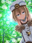  bare_shoulders bent_over blanc blue_eyes brown_hair forest hat looking_at_viewer nature neptune_(series) oekakizuki short_hair solo 