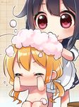  bath bathing blush closed_eyes hair_ribbon hands_on_own_face i-8_(kantai_collection) kantai_collection koruri motherly multiple_girls navel nude ribbon short_hair sitting smile soap soap_bubbles taigei_(kantai_collection) twintails twitter_username washing_hair 