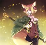  animal_ears blonde_hair fox_ears fox_tail jewelry kyousaku male_focus mammon_(mygrimoire) mygrimoire necklace red_eyes scythe solo tail 