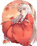  animal_ears autumn_leaves dog_ears inuyasha inuyasha_(character) japanese_clothes long_hair looking_at_viewer male_focus smile solo white_hair yellow_eyes yorukun 