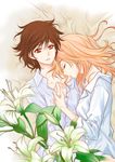  blonde_hair brown_eyes brown_hair closed_eyes donut_(lily_love) flower highres holding_hands lily_(flower) lily_love mew_(lily_love) multiple_girls no_eyewear ratana_satis sleeping sleeping_on_person 