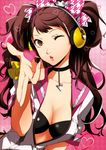  artist_request black_swimsuit bow breasts brown_eyes brown_hair cleavage hair_bow headphones heart highres kujikawa_rise long_hair medium_breasts nail_polish official_art one_eye_closed persona persona_4 persona_4:_dancing_all_night persona_dancing pink_background solo swimsuit twintails 