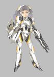  armor bodysuit commentary_request full_body grey_background grey_hair headgear holding holding_weapon jack_hamster mecha_musume original solo thrusters weapon 