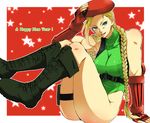  antenna_hair bad_id bad_pixiv_id beret blonde_hair blue_eyes boots braid breasts cammy_white cleavage elbow_gloves fingerless_gloves gloves green_leotard hair_over_shoulder happy_new_year harness hat highleg highleg_leotard knee_boots large_breasts legs_together leotard long_hair new_year outside_border red_gloves sitting skin_tight solo street_fighter street_fighter_v takehana thigh_pouch twin_braids 