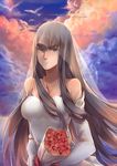  bird black_hair blue_eyes bouquet breasts bridal_gauntlets bridal_veil cleavage cloud dress flower hair_between_eyes kill_la_kill kiryuuin_satsuki large_breasts long_hair looking_at_viewer sketch smile solo veil wedding_dress yorukun 