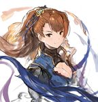  andrian_gilang beatrix_(granblue_fantasy) breasts brown_hair cleavage granblue_fantasy green_eyes hair_ornament long_hair medium_breasts ponytail solo upper_body 