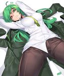  arms_up blazer breasts green_eyes green_hair heterochromia highres jacket jacket_removed jjune large_breasts long_hair long_sleeves looking_at_viewer lying mole mole_under_mouth on_back original pants parted_lips shirt solo very_long_hair 