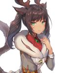  animal_ears black_hair cat_ears cat_tail collared_shirt earrings facial_mark fake_horns final_fantasy final_fantasy_xiv green_eyes jacket jewelry long_hair miqo'te momoko_(momopoco) ponytail shirt sidelocks slit_pupils solo tail tsurime white_background 