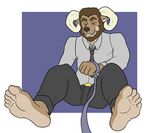  5_toes anthro barefoot beard belt black_nose blueballs caprine clothed clothing facial_hair feet foot_focus fur hair horn humanoid_feet leash male mammal necktie plantigrade red_eyes shirt sitting smile soles solo toes yellow_sclera 
