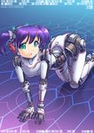  :o absurdres all_fours android bangs barcode binary commentary_request damaged full_body green_eyes headgear highres looking_at_viewer mecha_musume mechanical_parts original parts_exposed purple_hair ringed_eyes robot_ears short_twintails solo tsune_(dreamers_express) twintails 
