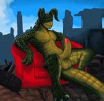  anthro anthrofied balls daftpatriot deathclaw digital_media_(artwork) erection fallout horn long_foreskin male nude outside penis reclining scalie signature sitting sofa solo spread_legs spreading uncut video_games 