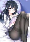  akatsuki_(kantai_collection) bad_id bad_pixiv_id bed bed_sheet black_hair black_legwear blood blue_eyes cushion hair_between_eyes highres kantai_collection long_hair looking_at_viewer lying miniskirt nebusoku nosebleed on_back panties panties_under_pantyhose pantyhose school_uniform serafuku shirt_lift skirt solo underwear wavy_mouth 