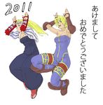  armpits bare_shoulders blonde_hair blue_eyes boots breasts cleavage elbow_pads final_fantasy final_fantasy_tactics gauntlets headband japanese_clothes long_hair medium_breasts monk_(fft) muhamado multiple_girls ponytail samurai samurai_(fft) sandals short_hair smile unitard weapon white_background 