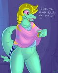  2016 alligator anthro black_eyes blonde_hair bottomless bratty_(undertale) clothed clothing dialogue english_text female green_scales hair half-dressed hi_res pink_sclera pussy reptile scales scalie shirt skoon solo text undertale video_games 