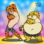  1:1 2016 benjamin_clawhauser brown_eyes cheetah clothed clothing disney duo feline gradient_background green_eyes lying mammal obese on_back overweight pink_nose police rockytheprocy simple_background stripper stripper_tiger_(zootopia) tiger tongue tongue_out zootopia 