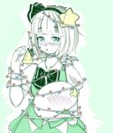  aqua_eyes artist_name bell black_bow black_neckwear blush bow bowtie cowboy_shot garland_(decoration) ghost green_background green_vest hair_ornament hair_ribbon hairband hitodama holding jingle_bell konpaku_youmu konpaku_youmu_(ghost) lights looking_at_viewer mmoe_chan open_mouth ribbon shirt short_hair short_sleeves simple_background solo star star_hair_ornament touhou vest white_background white_shirt 