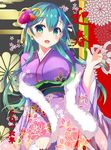  aqua_eyes aqua_hair breasts flower hair_flower hair_ornament highres japanese_clothes kaniya_shiku kantai_collection kimono large_breasts long_hair open_mouth smile solo suzuya_(kantai_collection) 