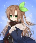  blush bow brown_hair coat fur_trim green_eyes highres if_(choujigen_game_neptune) long_hair looking_at_viewer neptune_(series) scarf shika_tsui solo 