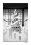  2girls arms_behind_head christmas christmas_tree commentary english ghost greyscale kyouko's_father_(madoka_magica) long_hair mahou_shoujo_madoka_magica monochrome multiple_girls oda_takayuki ponytail sakura_kyouko sakura_momo sparkle 