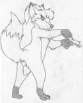  anthro barefoot barely_visible_genitalia canine digitigrade english_text female fluffy_tail fox greyscale gun handgun holding_object holding_weapon looking_at_viewer looking_back mammal mizzyam monochrome nude pencil_(artwork) pistol pussy ranged_weapon sierra_vix solo standing text traditional_media_(artwork) weapon 