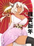  alternate_costume ass_visible_through_thighs bangs black_legwear blush breasts cleavage collarbone dark_skin floral_print glasses hair_between_eyes hair_ornament hair_tubes hairband happy_new_year holding holding_umbrella japanese_clothes kantai_collection kimono large_breasts long_hair looking_at_viewer musashi_(kantai_collection) new_year niwatori_kokezou obi oriental_umbrella parted_lips print_kimono red_eyes sash simple_background solo two_side_up umbrella upskirt white_background 