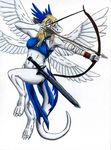  4-winged adleisio archangel arrow blonde_hair bow dragon female flying hair melee_weapon silk sword weapon wings wrappings 