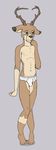  antlers barefoot briefs bulge cervine clothed clothing deer finger_to_mouth flat_colors front_view half-dressed horn looking_away male mammal navel shy solo topless trimean underwear 