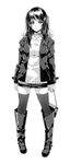  &gt;:( bag boots casual coat frown full_body greyscale handbag highres jewelry jpeg_artifacts knee_boots monochrome nagayori necklace open_clothes open_coat original simple_background skirt solo standing sweater thighhighs v-shaped_eyebrows white_background zettai_ryouiki 