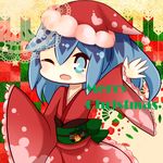  alternate_costume aqua_eyes bell blue_hair christmas english fubukihime hat high_ponytail highres holly japanese_clothes kimono long_hair looking_at_viewer merry_christmas multicolored_hair one_eye_closed open_mouth sakumado santa_hat solo two-tone_hair youkai youkai_watch 