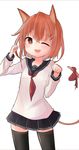  anchor_symbol animal_ears brown_eyes brown_hair cat_ears cat_tail hair_ornament hairclip hands_up ikazuchi_(kantai_collection) kantai_collection kemonomimi_mode looking_at_viewer neckerchief one_eye_closed open_mouth re_rally red_neckwear ribbon school_uniform serafuku short_hair skirt solo tail thighhighs 