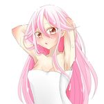  bare_shoulders commentary_request guilty_crown highres long_hair looking_at_viewer naked_towel open_mouth pink_hair red_eyes sarina_(tosiyukiryousuke) solo towel twintails yuzuriha_inori 