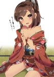  alternate_costume bare_shoulders barefoot blush breasts brown_eyes brown_hair collarbone floral_print hair_ornament highres i-401_(kantai_collection) japanese_clothes kantai_collection kimono large_breasts looking_at_viewer open_mouth ponytail sash short_hair sitting solo takeshima_(nia) tan tatami translated wariza wet wide_sleeves yukata 
