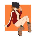  :3 adjusting_clothes adjusting_hair adjusting_hat animal_ears animal_hat arm_support bad_id bad_pixiv_id badge bangs bare_legs black_hat blue_eyes boots bottomless breasts breasts_apart brown_footwear brown_hair button_badge cabbie_hat cat_hat cleavage closed_mouth collarbone eyepatch fake_animal_ears flat_color full_body green_legwear hair_over_one_eye hand_on_headwear harukaze_koucha hat hat_ornament hat_tip high_collar highres invisible_chair jacket knee_boots knees_together_feet_apart knees_up long_hair long_sleeves looking_at_viewer naked_coat naked_track_jacket navel neon_genesis_evangelion no_bra one_eye_covered open_clothes open_jacket orange_background orange_hair outside_border ponytail rebuild_of_evangelion red_jacket shikinami_asuka_langley single_vertical_stripe sitting small_breasts smile socks solo souryuu_asuka_langley stomach striped striped_legwear track_jacket vertical-striped_legwear vertical_stripes 