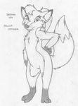  anthro barefoot barely_visible_genitalia canine digitigrade english_text female fluffy_tail fox front_view greyscale hand_on_hip looking_at_viewer mammal mizzyam monochrome nude pencil_(artwork) pussy sierra_vix solo standing text traditional_media_(artwork) 