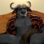  anthro balls big_balls big_penis blue_fur bovine brown_eyes buffalo chief_bogo disney edit fur horn male mammal muscular nipples oystercatcher7 pecs penis photo_manipulation photomorph plaid_shirt solo water_buffalo zootopia 