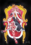  crossed_legs crown guilty_crown hair_ornament hairclip highres jewelry long_hair marker_(medium) pink_hair queen red_eyes sarina_(tosiyukiryousuke) signature sitting solo throne traditional_media twintails yuzuriha_inori 