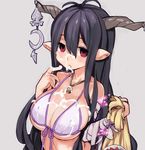  antenna_hair bandaged_arm bandages bare_shoulders bikini black_hair breasts cleavage danua draph finger_to_mouth front-tie_top granblue_fantasy hair_between_eyes horn_ornament horns jewelry jitome kefir large_breasts long_hair looking_at_viewer midriff najimi_shin pointy_ears red_eyes sideboob solo suggestive_fluid swimsuit underboob upper_body white_bikini 