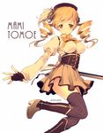  blonde_hair boots character_name corset detached_sleeves drill_hair fingerless_gloves gloves hat high_heel_boots high_heels mahou_shoujo_madoka_magica mashima_shima pleated_skirt ribbon skirt smile solo thighhighs tomoe_mami twin_drills twitter_username yellow_eyes 