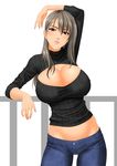  against_railing arm_up bad_id bad_pixiv_id breasts cleavage cleavage_cutout denim highres huge_breasts jeans lips lipstick long_hair lowleg lowleg_pants makeup meme_attire midriff muryuuin_tayun open-chest_sweater original pants red_eyes ribbed_sweater silver_hair solo sweater turtleneck 