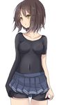  asymmetrical_clothes bad_id bad_twitter_id black_shirt blue_skirt blush bodysuit breasts breasts_apart brown_hair collarbone covered_navel cowboy_shot furutaka_(kantai_collection) hair_between_eyes kantai_collection looking_to_the_side medium_breasts parted_lips pleated_skirt shirt short_hair short_sleeves simple_background skin_tight skirt solo standing taut_clothes thigh_gap tokoi white_background yellow_eyes 