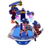  2girls baseball_cap bike_shorts blue_hair boonie_hat brown_eyes camouflage domino_mask dress_shirt dual_squelcher_(splatoon) dynamo_roller_(splatoon) green_eyes hat headphones highres holding holding_weapon hood hoodie inkling jumping kanafumi_(spindle) long_hair looking_at_viewer mask multiple_girls open_mouth oversized_object paint_roller plaid plaid_shirt pointy_ears purple_eyes shirt shoes short_hair single_vertical_stripe smile sneakers socks splatoon_(series) splatoon_1 splattershot_(splatoon) squid standing super_soaker tentacle_hair topknot weapon white_background white_shirt 