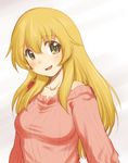  blonde_hair blush carpaccio casual commentary girls_und_panzer green_eyes highres long_hair long_sleeves looking_at_viewer open_mouth ribbed_sweater sakaki_imasato sketch skirt smile solo sweater upper_body 