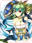  alrescha_(p&amp;d) bare_shoulders blue_hair breasts cleavage fish gradient_hair green_hair head_fins headdress medium_breasts mermaid monster_girl multicolored_hair pisces puzzle_&amp;_dragons red_eyes snake_king solo 