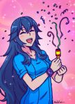  ^_^ ^o^ akairiot bad_id bad_tumblr_id black_hair blush breasts casual closed_eyes confetti fire_emblem fire_emblem:_kakusei happy long_hair lucina new_year open_mouth party_popper shirt small_breasts smile solo sparkle t-shirt very_long_hair wristband 