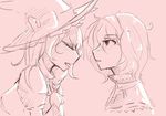  alice_margatroid animated animated_gif blush bow capelet closed_eyes fly-gray hair_between_eyes hat hat_bow kirisame_marisa kiss monochrome multiple_girls non-looping_animation pink_background ribbon_trim simple_background touhou upper_body witch_hat yuri 